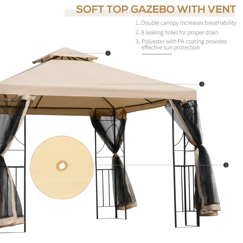 Beige 3m x 3m Hardtop Gazebo – Double Tier Roof Garden Shelter with Net Curtains and Storage Trays