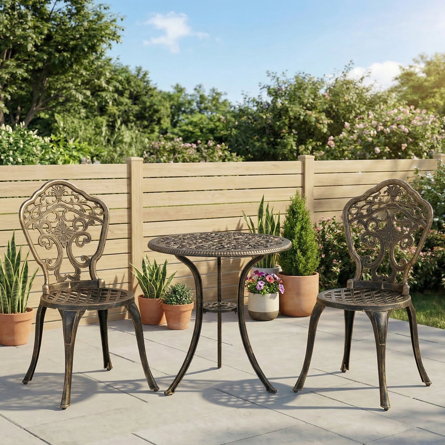 Ibiza 3 Piece Cast Aluminium Garden Bistro Set for 2 with Parasol Hole, Outdoor Coffee Table Set
