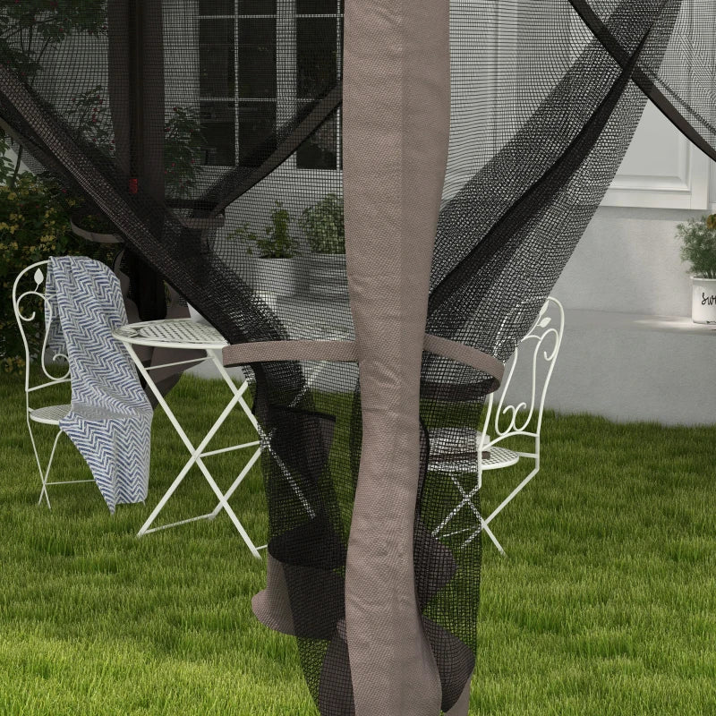 3.25m x 3.25m Brown & Grey Pop – Up Garden Gazebo – Double Tier Roof Metal Frame Pavilion with Mesh Curtains, Carry Bag & Outdoor Event Shelter