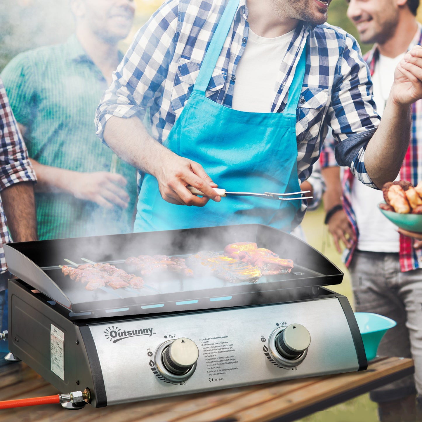 Gas Plancha Barbecue Grill with 2 Stainless Steel Burner, 5kW, Portable Tabletop Gas BBQ with Non-Stick Griddle for Camping Picnic Garden Party