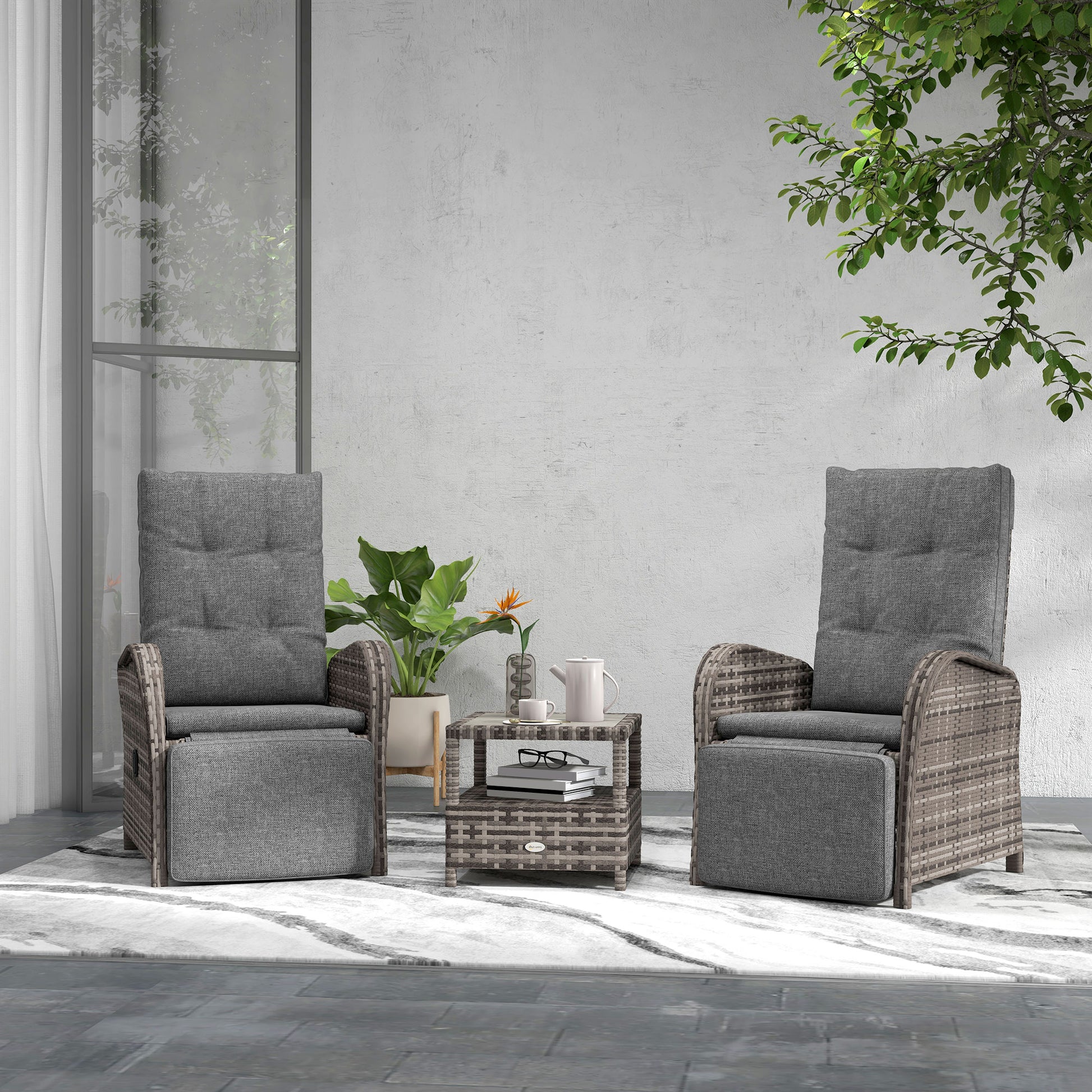 Tivoli 2 Seater Patio Rattan Chaise Lounge Sofa Set with Fabric Cushion, Grey and Brown