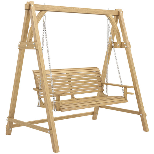 Outsunny 2 Seater Garden Swing Seat, Wooden Swing Chair Bench with Cup Holders for Outdoor Porch Patio, Natural