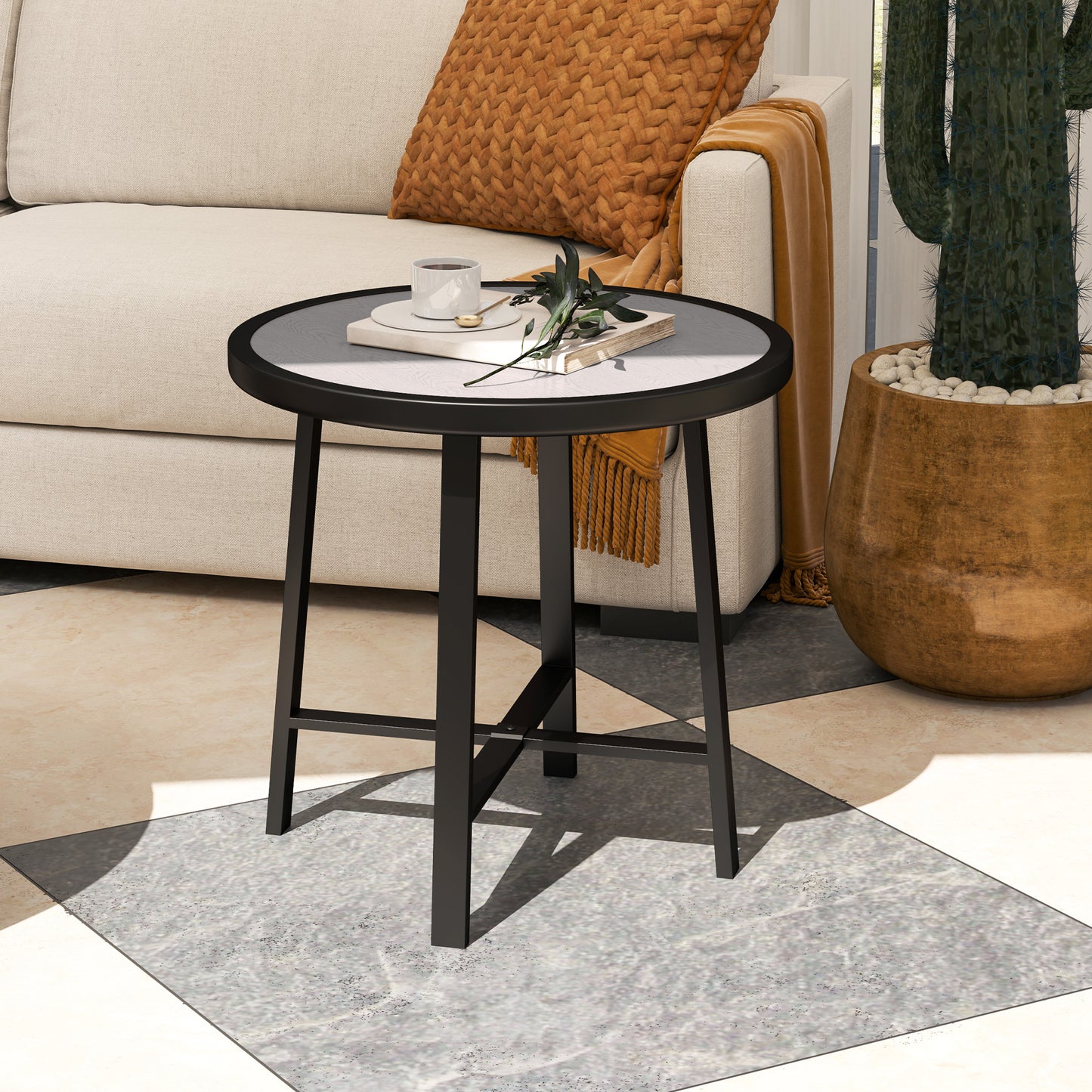 Round Small Garden Table, 50.5cm Outdoor Side Table with SPC Tabletop, Metal Frame and Anti-slip Foot Pads for Garden, Balcony, Grey Wood Effect