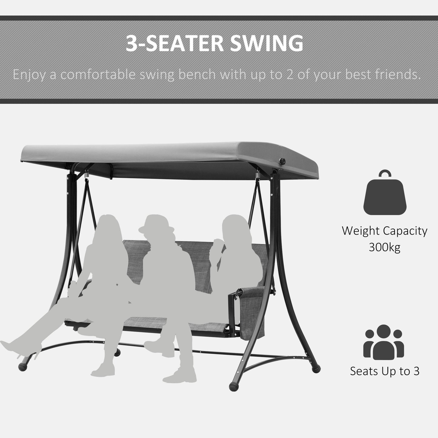 Outsunny 3 Person Outdoor Patio Porch Swing Chair with High Back Design and Side Pouches, Charcoal Grey