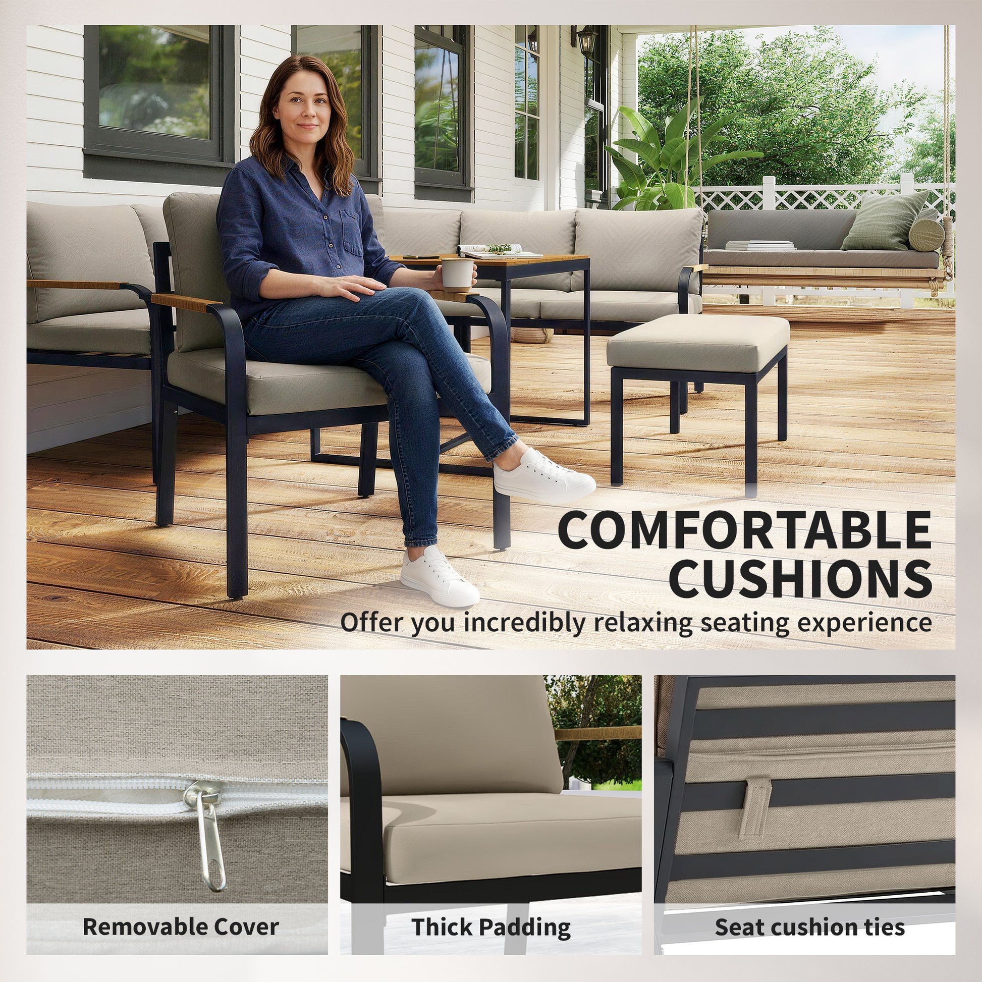 Outsunny 7 Seater Garden Furniture Set, Metal Garden Sofa Set with Cushions, Outdoor Furniture Conversation Sets, Khaki