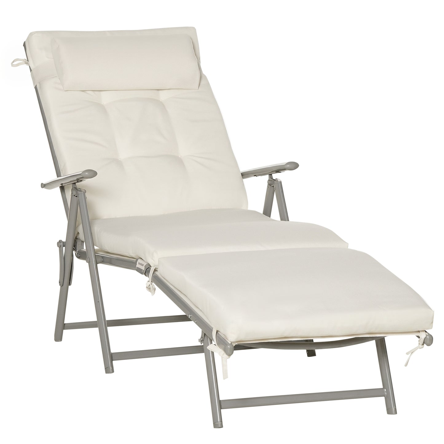 Outsunny Sun Lounger Steel Frame Outdoor Folding Chaise Texteline Lounge Chair Recliner with Headrest & 7 Levels Adjustable Backrest, Cream White