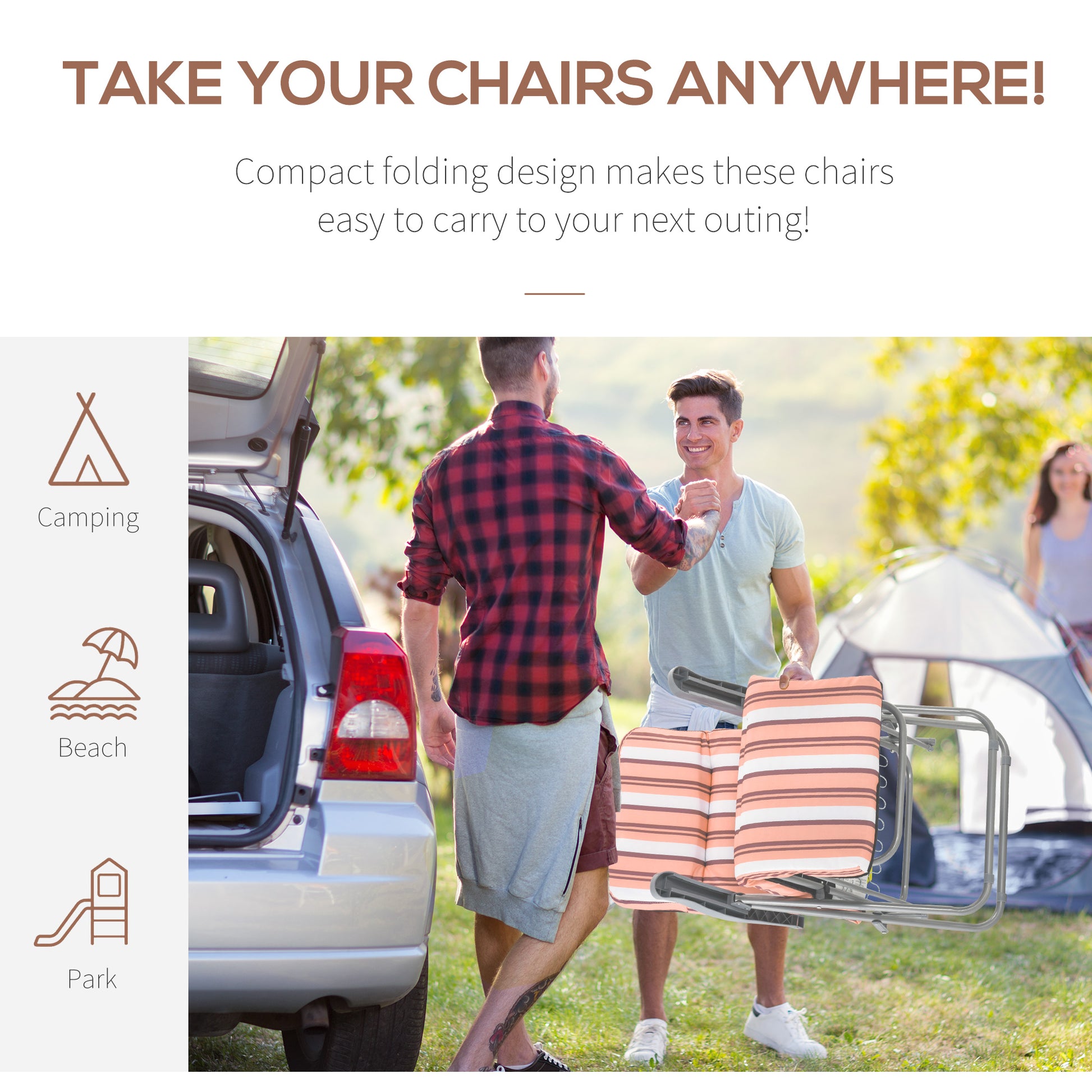 Outsunny Reclining Garden Chair Set of 2, 5-Level Adjustable Zero Gravity Chairs, Orange Stripe