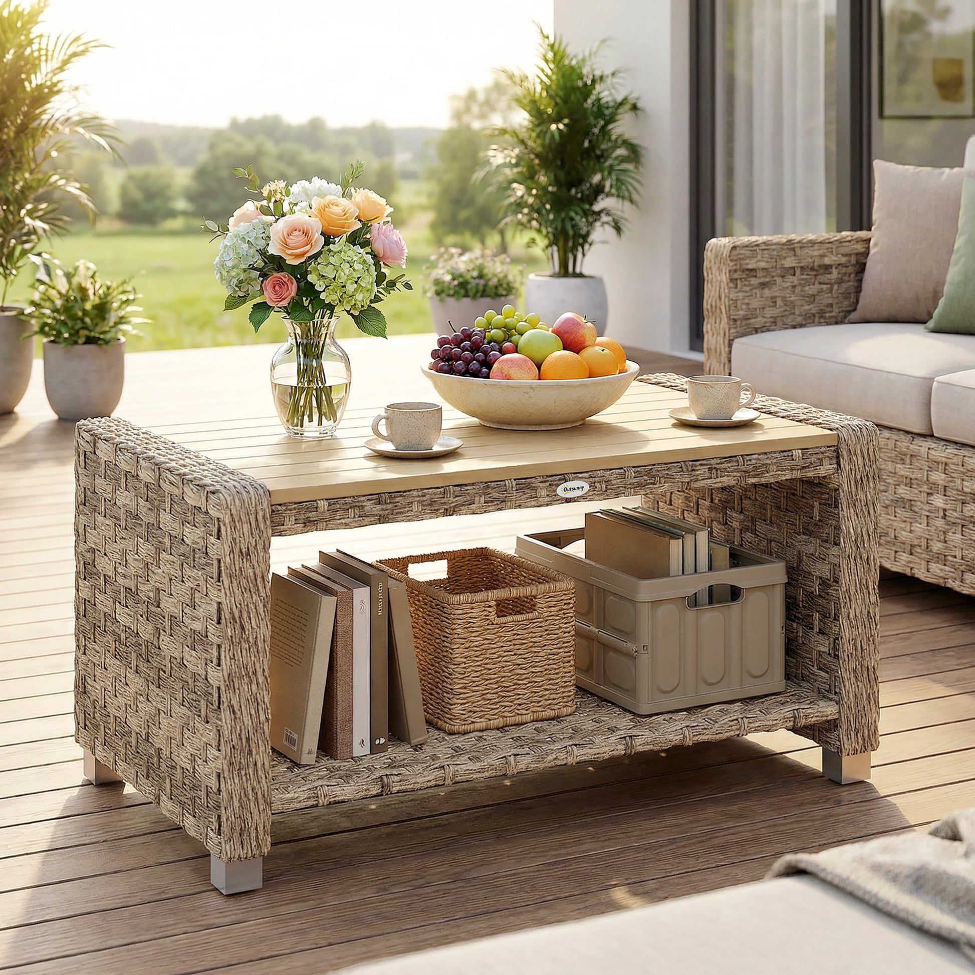 Santorini Outdoor Coffee Table with Storage Shelf, PE Rattan Side Table with Slatted Top and Foot Pads, Light Brown