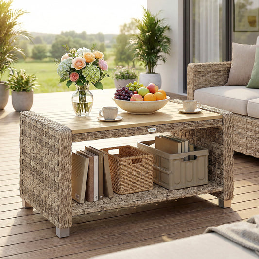 Santorini Outdoor Coffee Table with Storage Shelf, PE Rattan Side Table with Slatted Top and Foot Pads, Light Brown