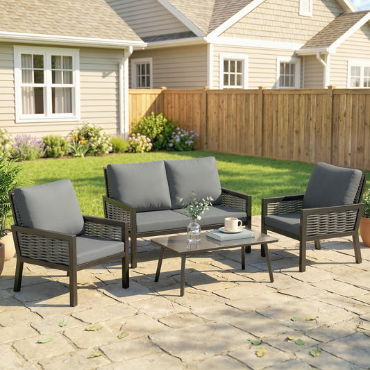 Santorini 4 Seater Rattan Garden Furniture Set with 2 Armchairs, Loveseat, Coffee Table