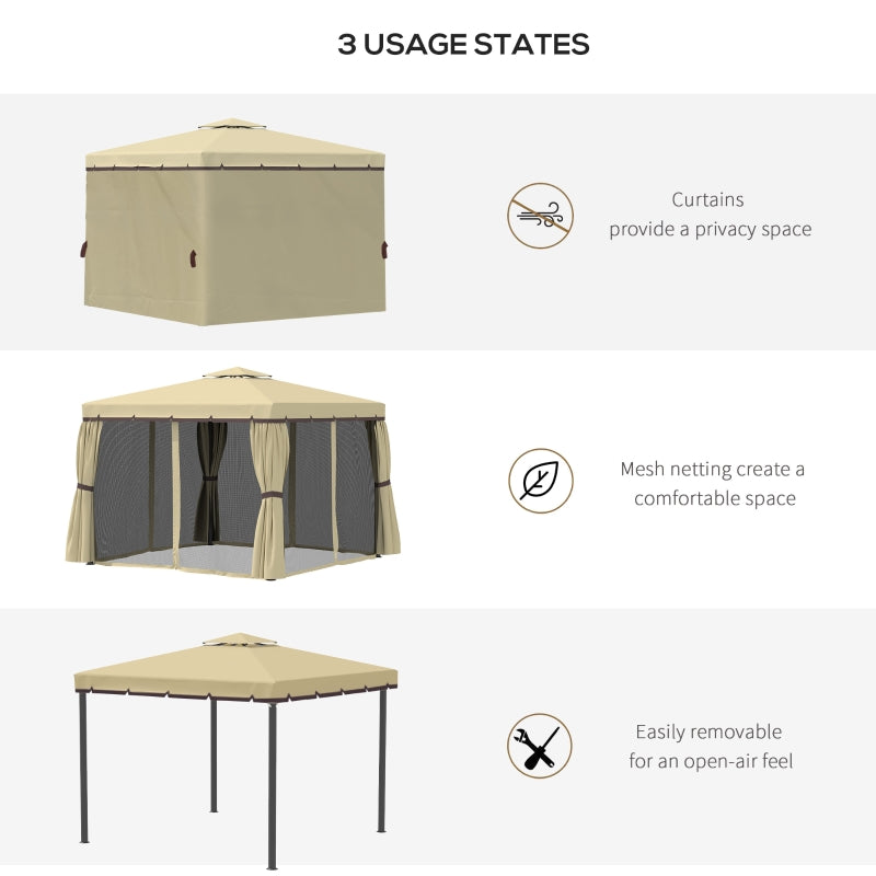 3m x 3m Beige Double – Tier Water – Resistant Garden Gazebo with Mesh Curtains, Metal Frame & Ground Fixing Kit