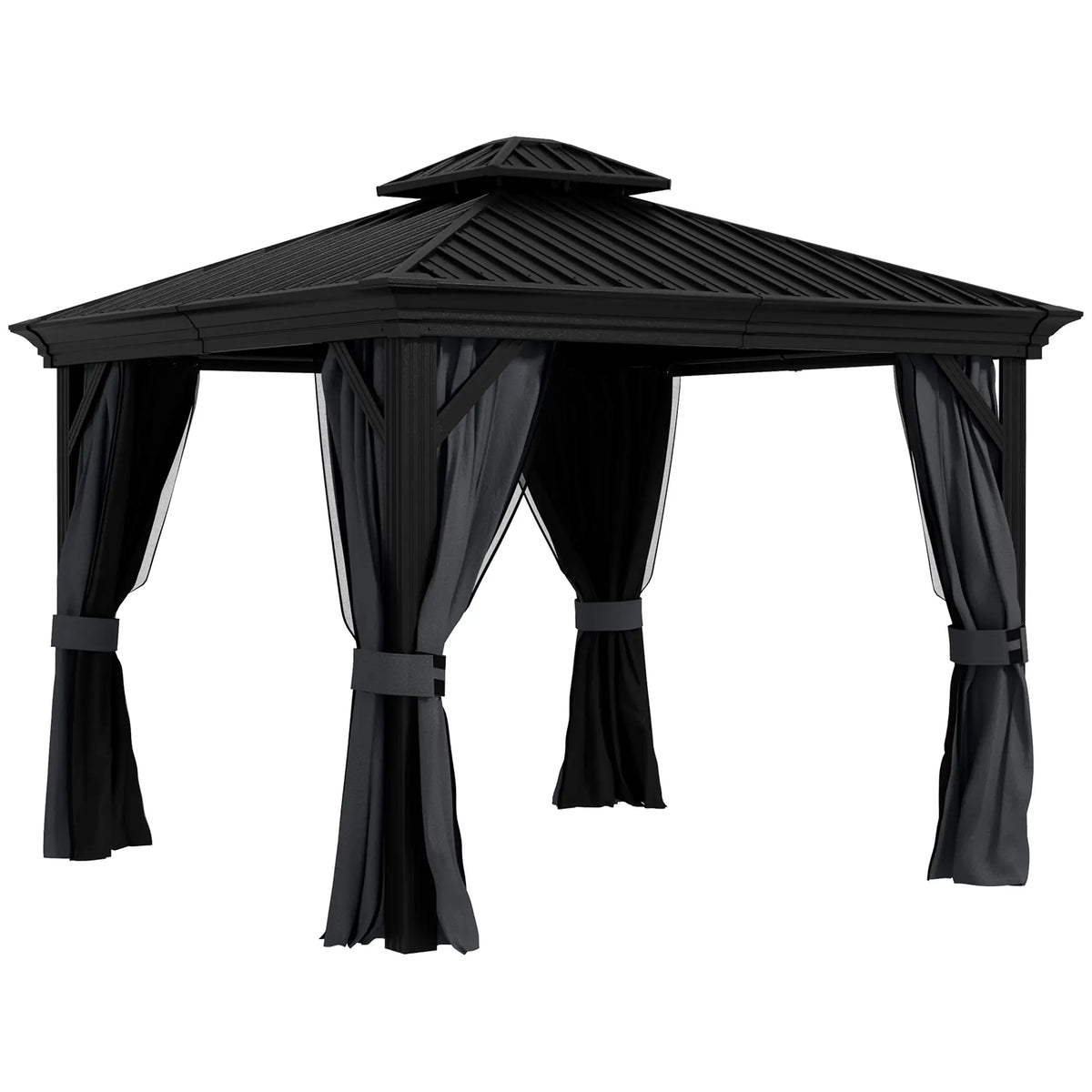 3.65m x 3m Dark Grey Aluminium Hardtop Garden Gazebo – Galvanised Steel Roof Pavilion with Double – Tier Ventilation, Curtains & Insect Netting