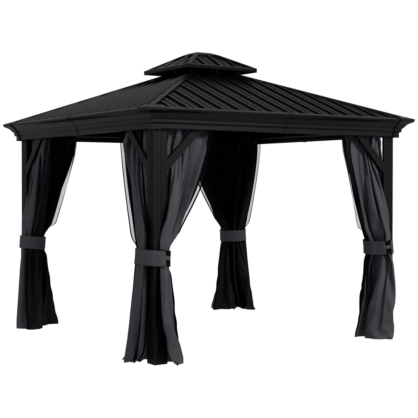 3.65m x 3m Dark Grey Aluminium Hardtop Garden Gazebo – Galvanised Steel Roof Pavilion with Double – Tier Ventilation, Curtains & Insect Netting