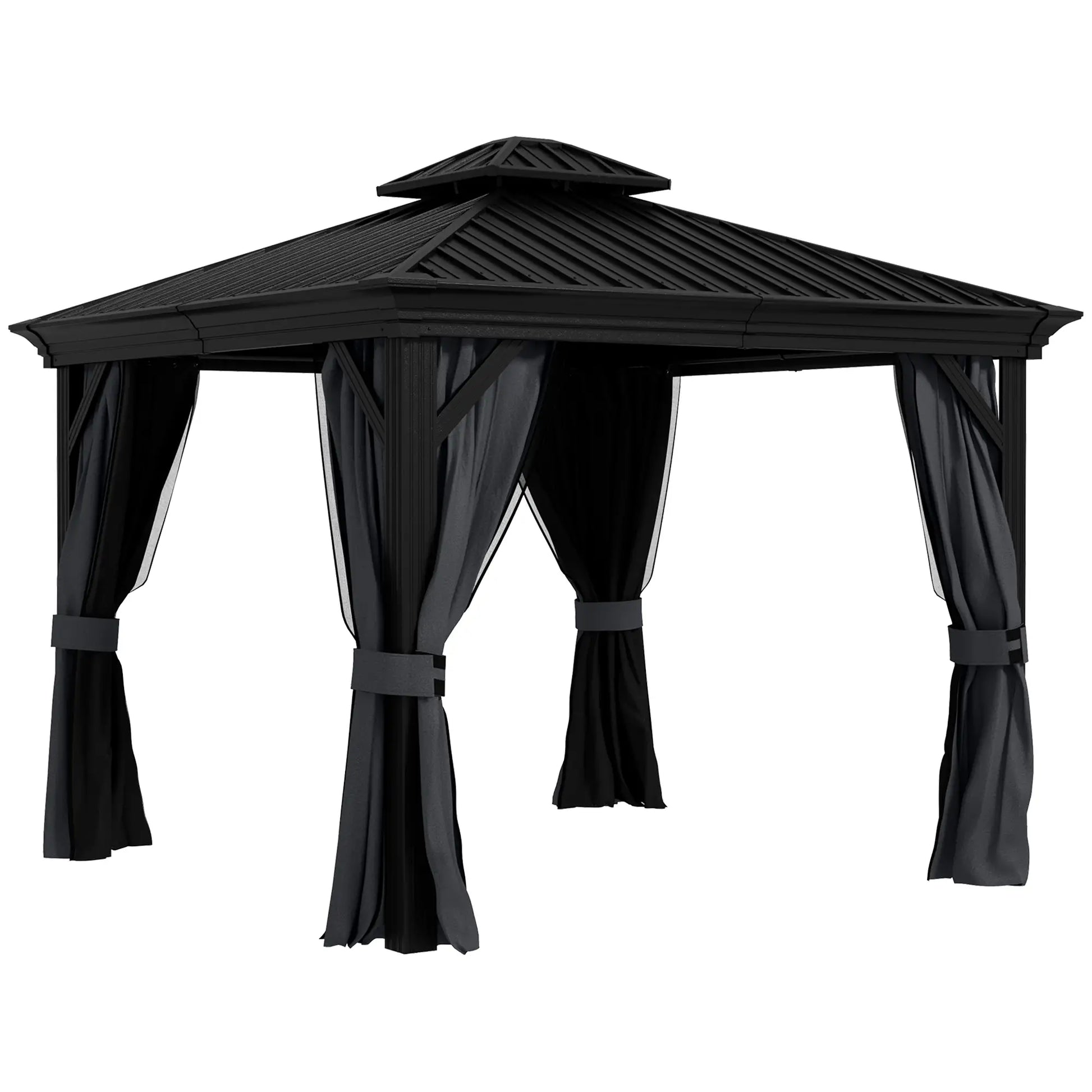 3.65m x 3m Dark Grey Aluminium Hardtop Garden Gazebo – Galvanised Steel Roof Pavilion with Double – Tier Ventilation, Curtains & Insect Netting