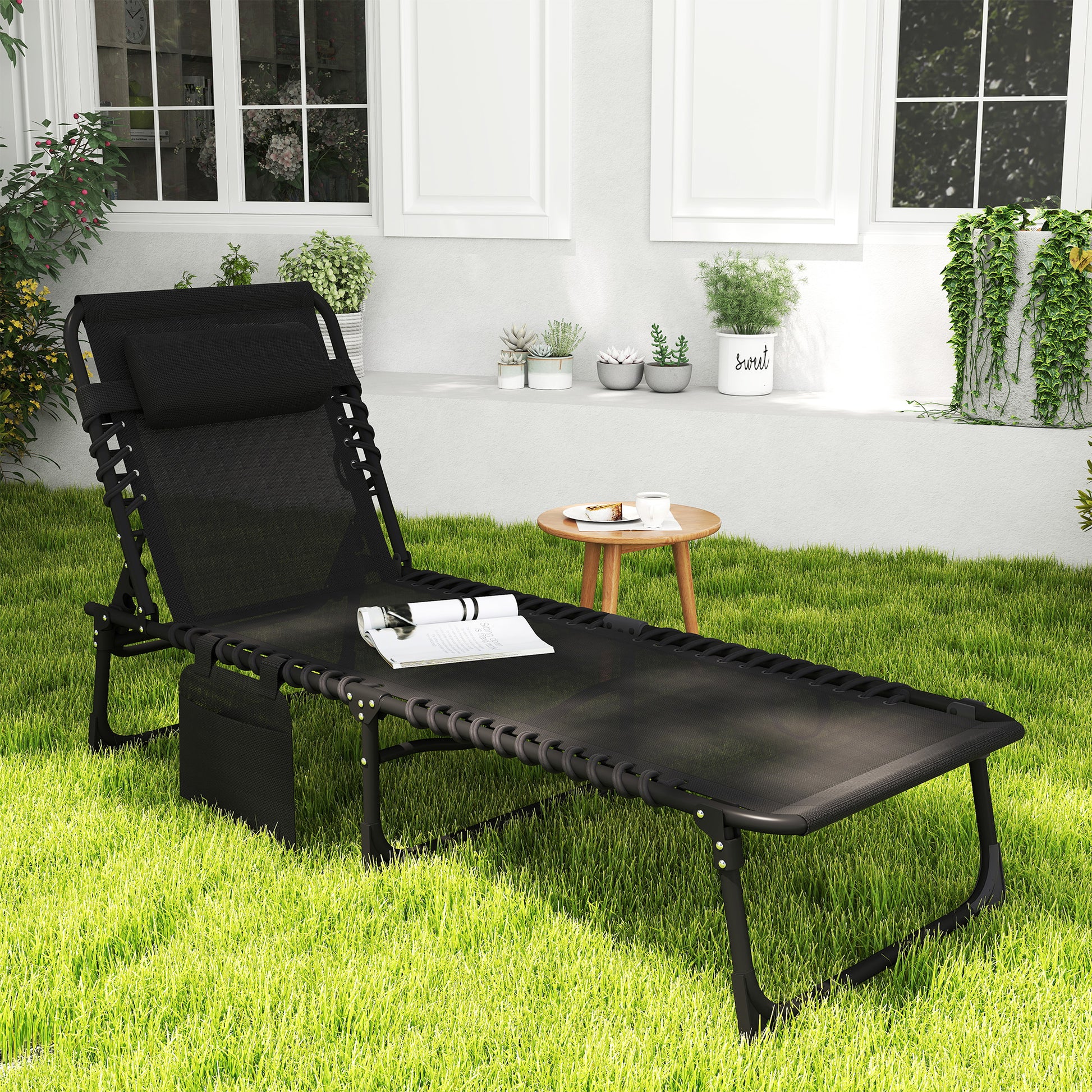Portable Sun Lounger, Folding Camping Bed Cot, Reclining Lounge Chair 5-position Adjustable Backrest with Side Pocket, Pillow for Patio Garden
