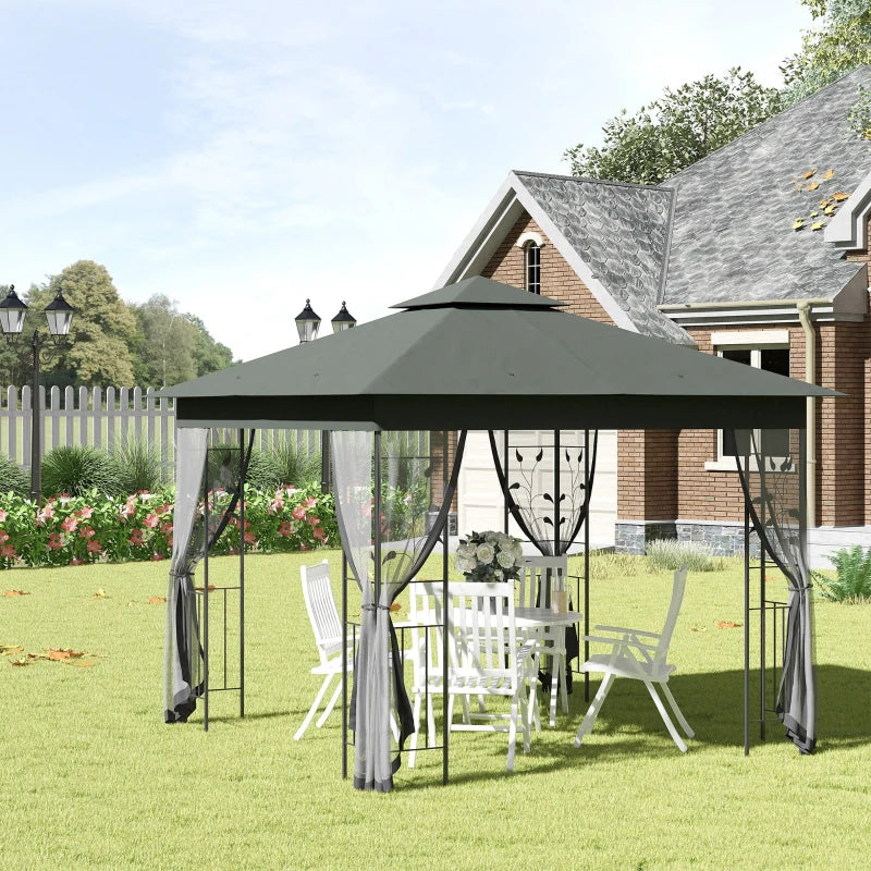 3m x 3m Grey Steel Frame Garden Gazebo – Double Tier Canopy Shelter with UV Protection, Mesh Curtains & Outdoor Party Pavilion