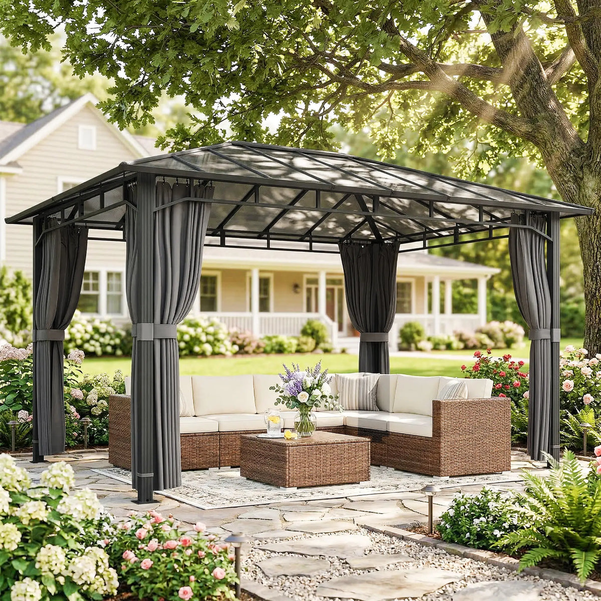 3m x 4m Hardtop Gazebo with 6mm Polycarbonate Roof, Aluminium Permanent Garden Pavilion with Curtains, Dark Grey Outdoor Patio Canopy for Sun, Rain...