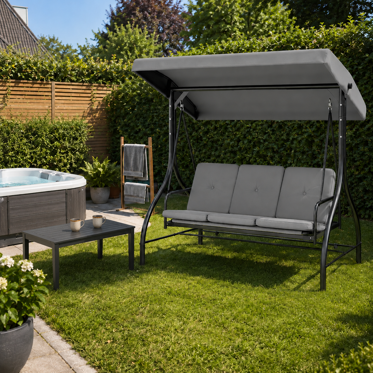 Riviera 3 Seater Canopy Swing Chair, 2 in 1 Garden Swing Seat Bed, with Adjustable Canopy and Metal Frame
