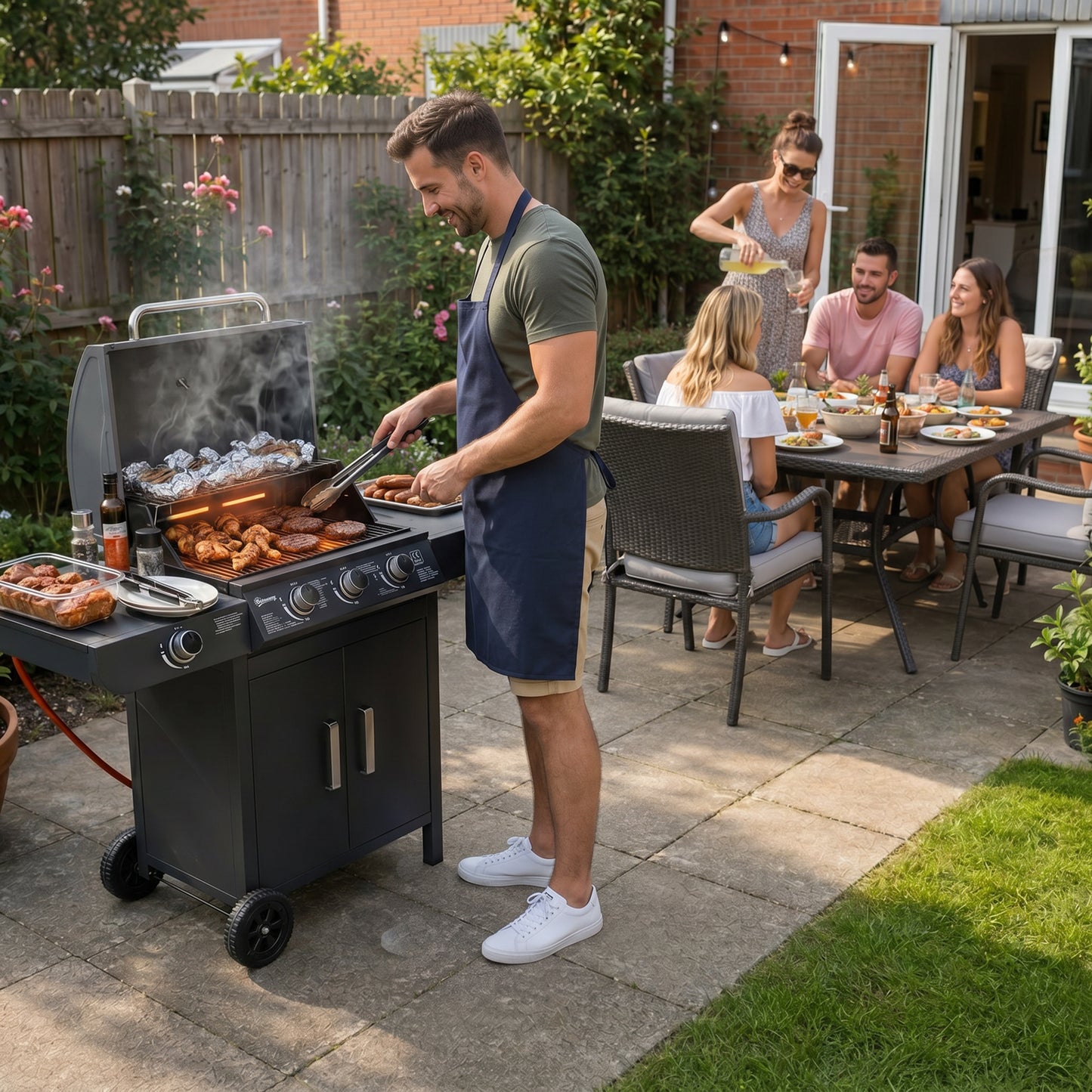3+1 Burner Gas BBQ, Outdoor Barbecue Trolley with Wheels, Warming Rack, Side Shelves, Cabinet, Thermometer for Garden, Party, Camping, 110L x