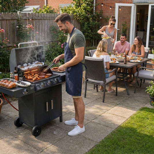 3+1 Burner Gas BBQ, Outdoor Barbecue Trolley with Wheels, Warming Rack, Side Shelves, Cabinet, Thermometer for Garden, Party, Camping, 110L x