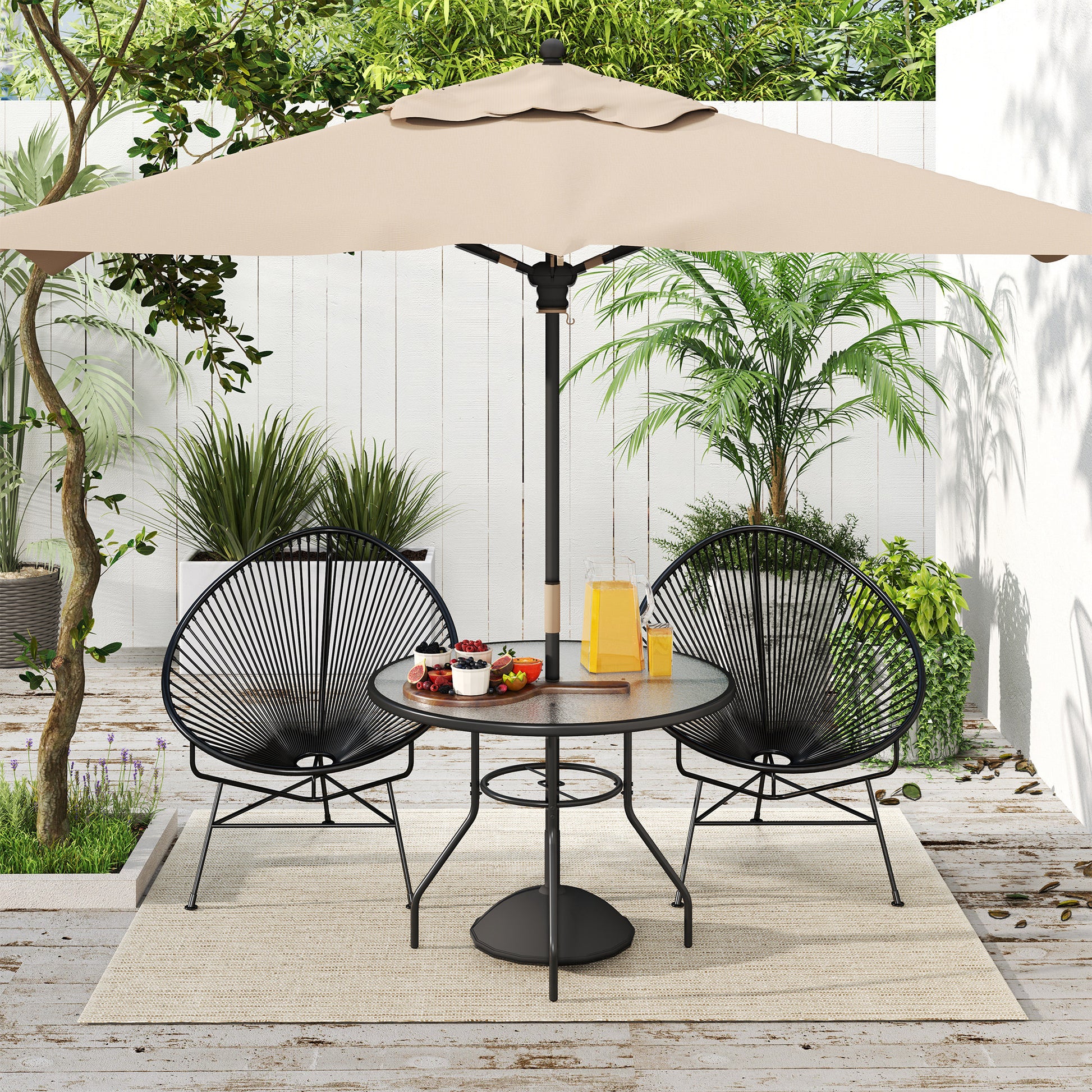 Santorini Glass-Top Garden Table, with Parasol Hole - Black