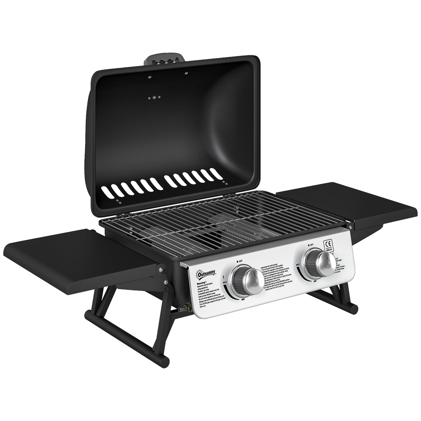 Outsunny Two-Burner Compact Gas Grill with 2 Folding Side Shelves - Black
