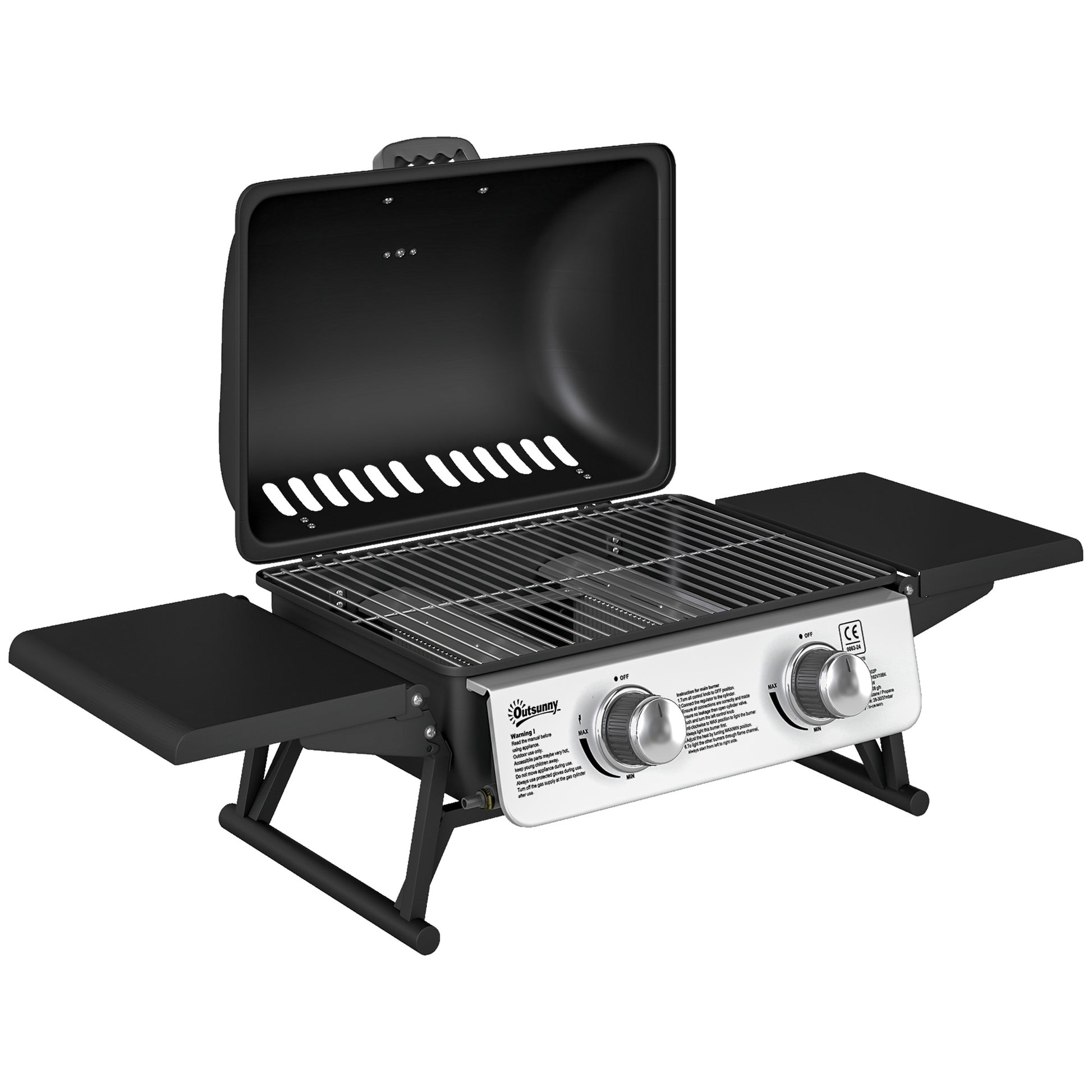 Outsunny Two-Burner Compact Gas Grill with 2 Folding Side Shelves - Black