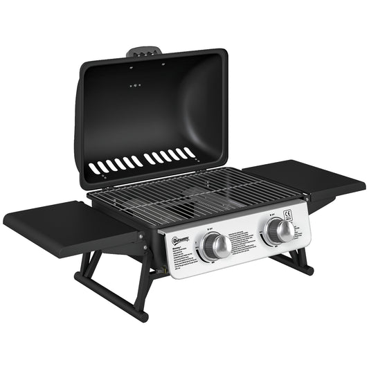 Outsunny Two-Burner Compact Gas Grill with 2 Folding Side Shelves - Black