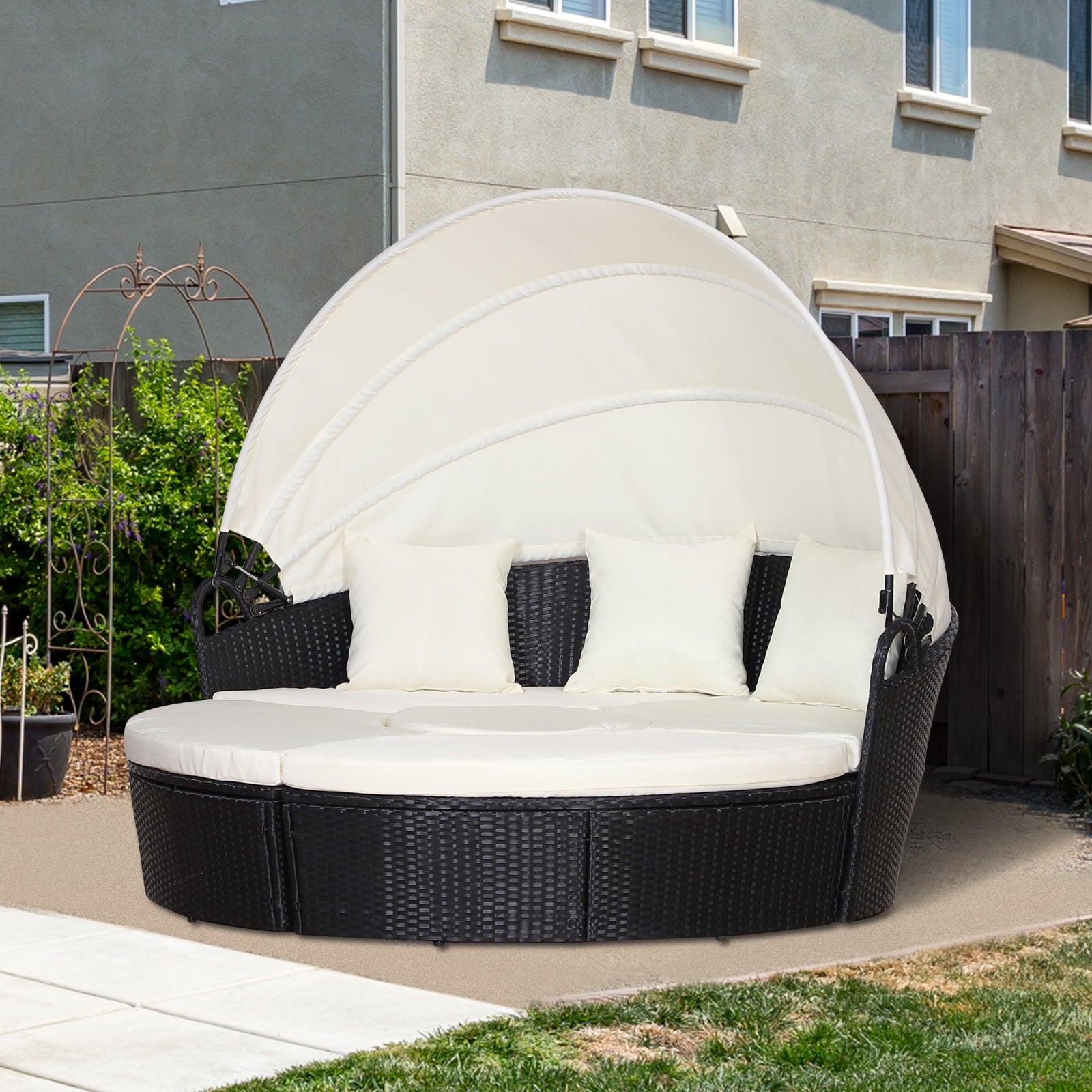 Capri Five-Piece Rattan Garden Bed, with Canopy - Black/White