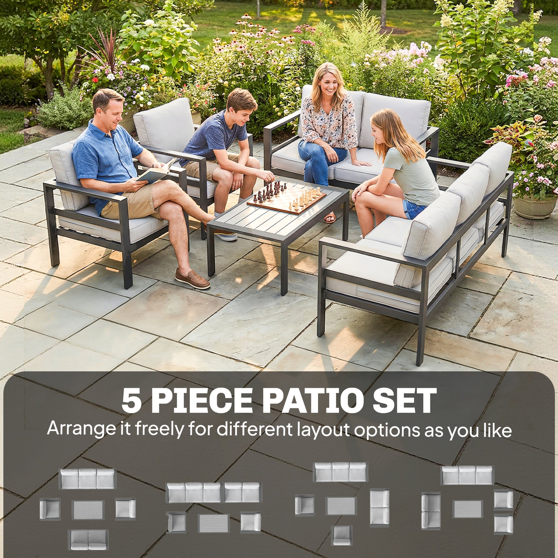 Outsunny 5 Pieces Aluminium Garden Furniture Set with Olefin Cushions, Extra Deep Outdoor Garden Sofa Set, Dark Grey