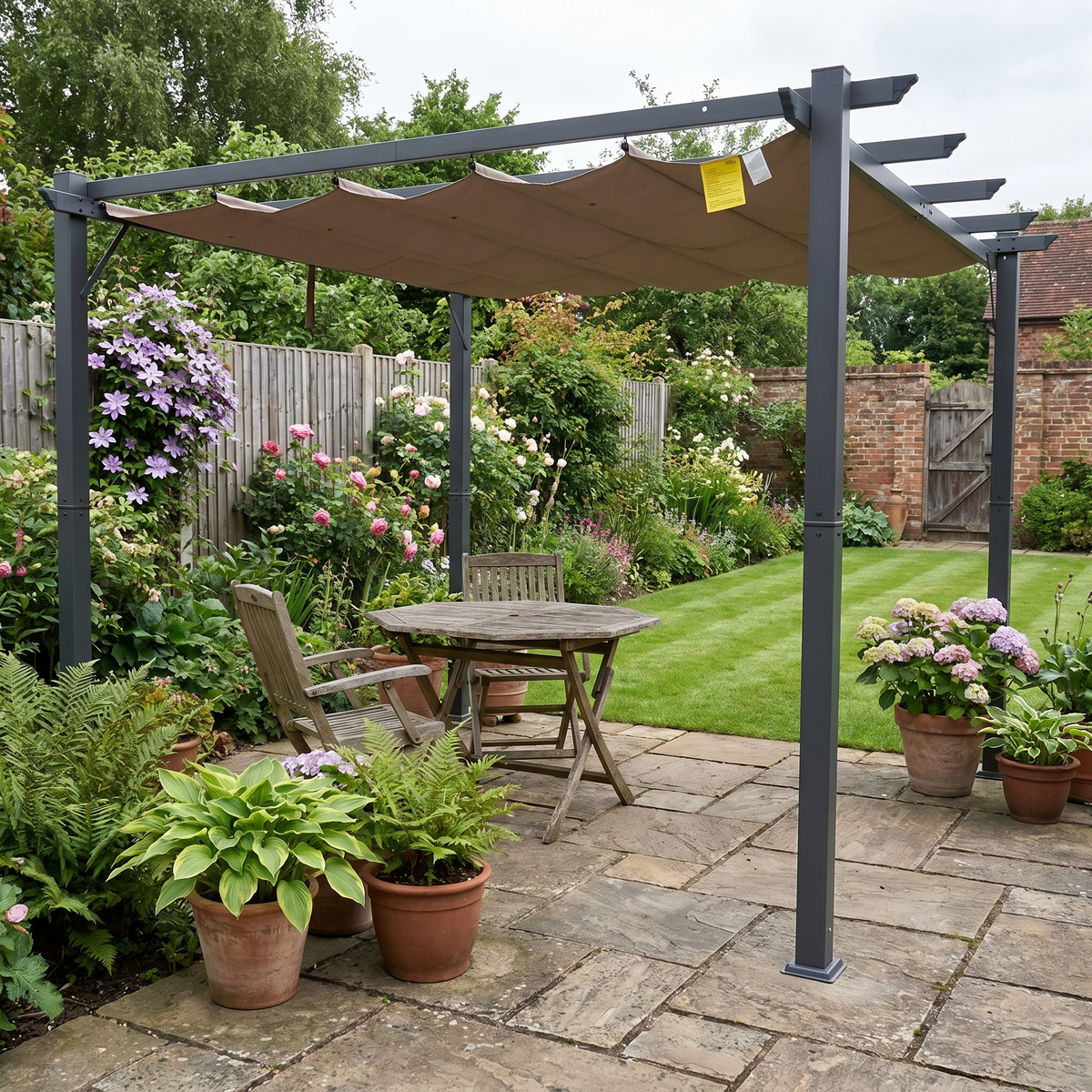 3m x 3m Aluminium Pergola – Brown Retractable Canopy Roof with Pulley System, UV & Water Resistant Garden Shade Shelter with Drainage Grommets