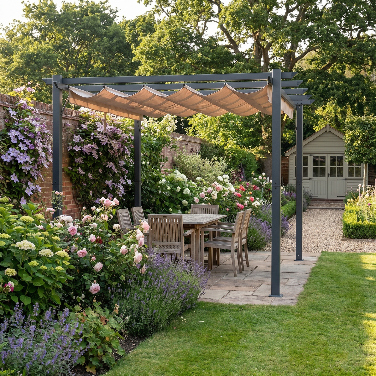 3m x 3m Aluminium Pergola – Brown Retractable Canopy Roof with Pulley System, UV & Water Resistant Garden Shade Shelter with Drainage Grommets