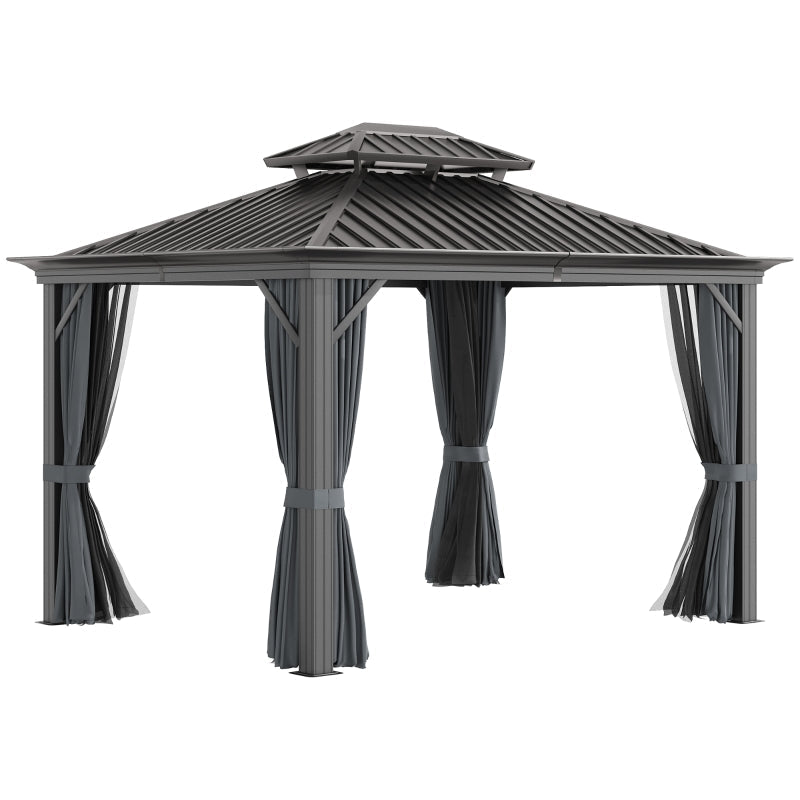 Grey 3.65m x 3m Premium Hardtop Gazebo with Double-Tier Roof, Aluminium Frame, Curtains & Removable Mesh Screens