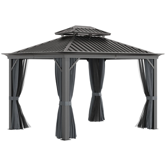 Grey 3.65m x 3m Premium Hardtop Gazebo with Double-Tier Roof, Aluminium Frame, Curtains & Removable Mesh Screens