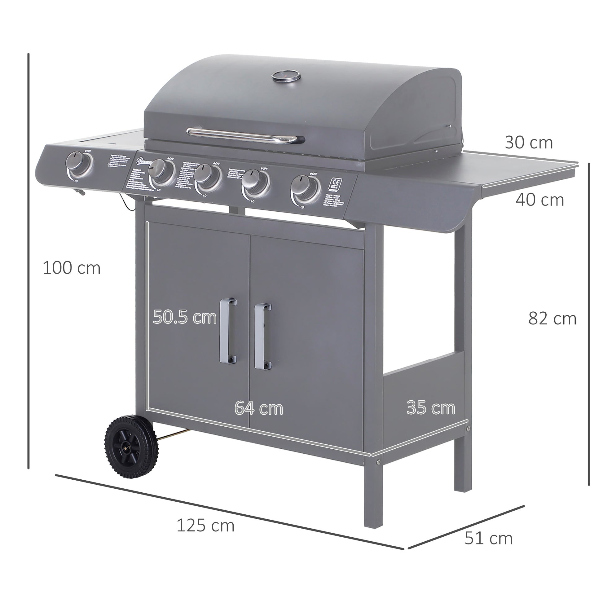 Outsunny 4+1 Burner Gas BBQ Grill, Outdoor Barbecue Trolley with Wheels, Warming Rack, Side Shelves, Cabinet, Thermometer for Garden, Party, Camping, 125L x 51W x 100Hcm, Grey