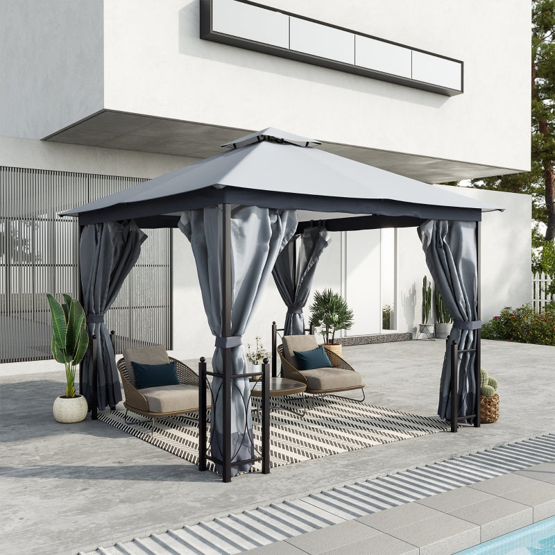 4m x 3.35m Grey Garden Gazebo with Ventilated Double-Tier Canopy & Privacy Side Panels