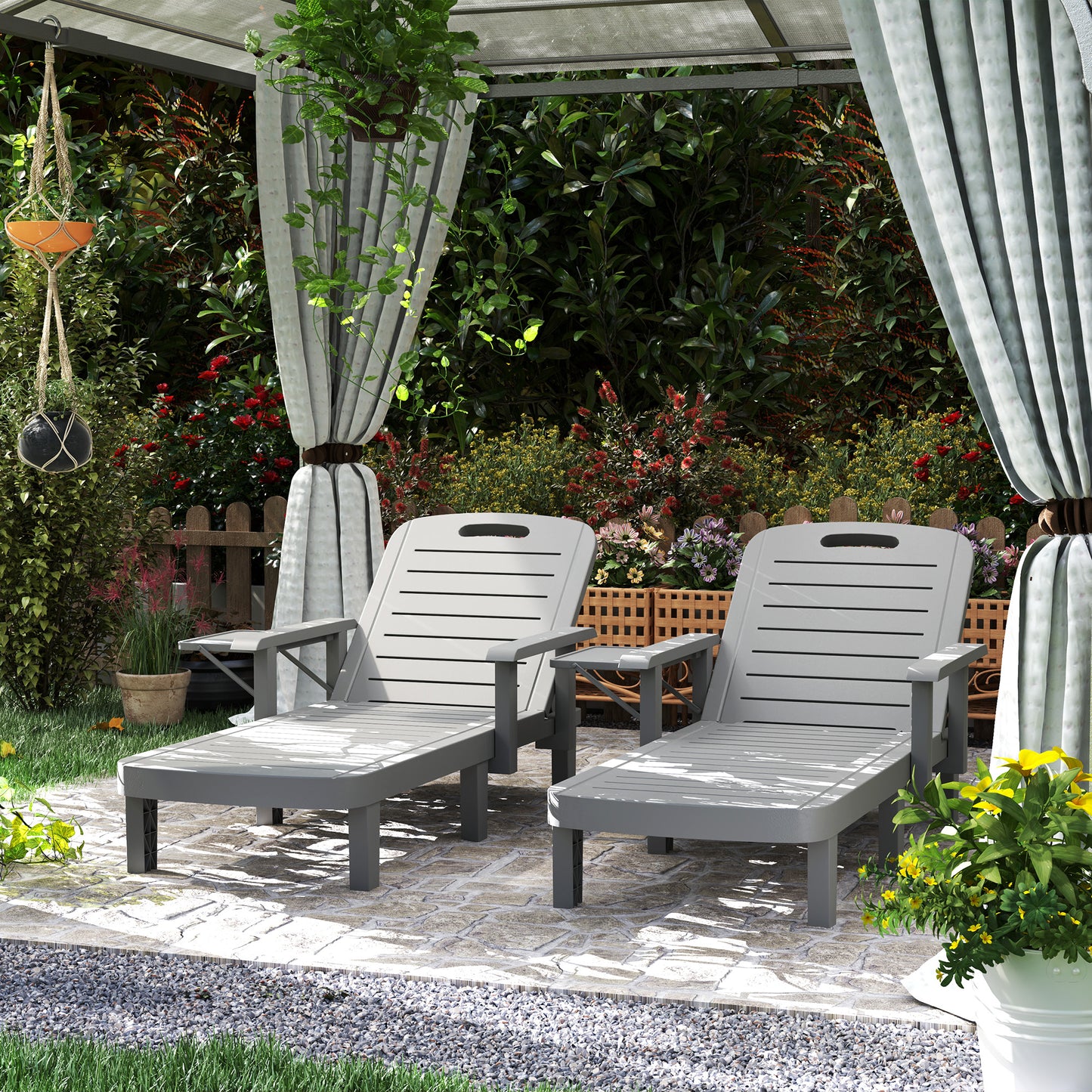 Tivoli Set of 2 Reclining Sun Loungers, 5 Positions Adjustable Outdoor Chaise Lounge Chair with Armrests, Dark Grey