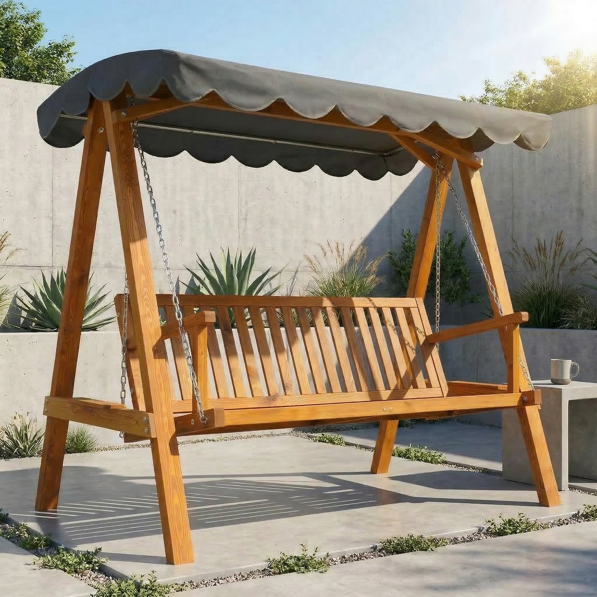 Monaco 3 Seater Garden Swing Seat with Canopy, Wooden Swing Chair, Outdoor Hammock Bench for Balcony Patio Porch