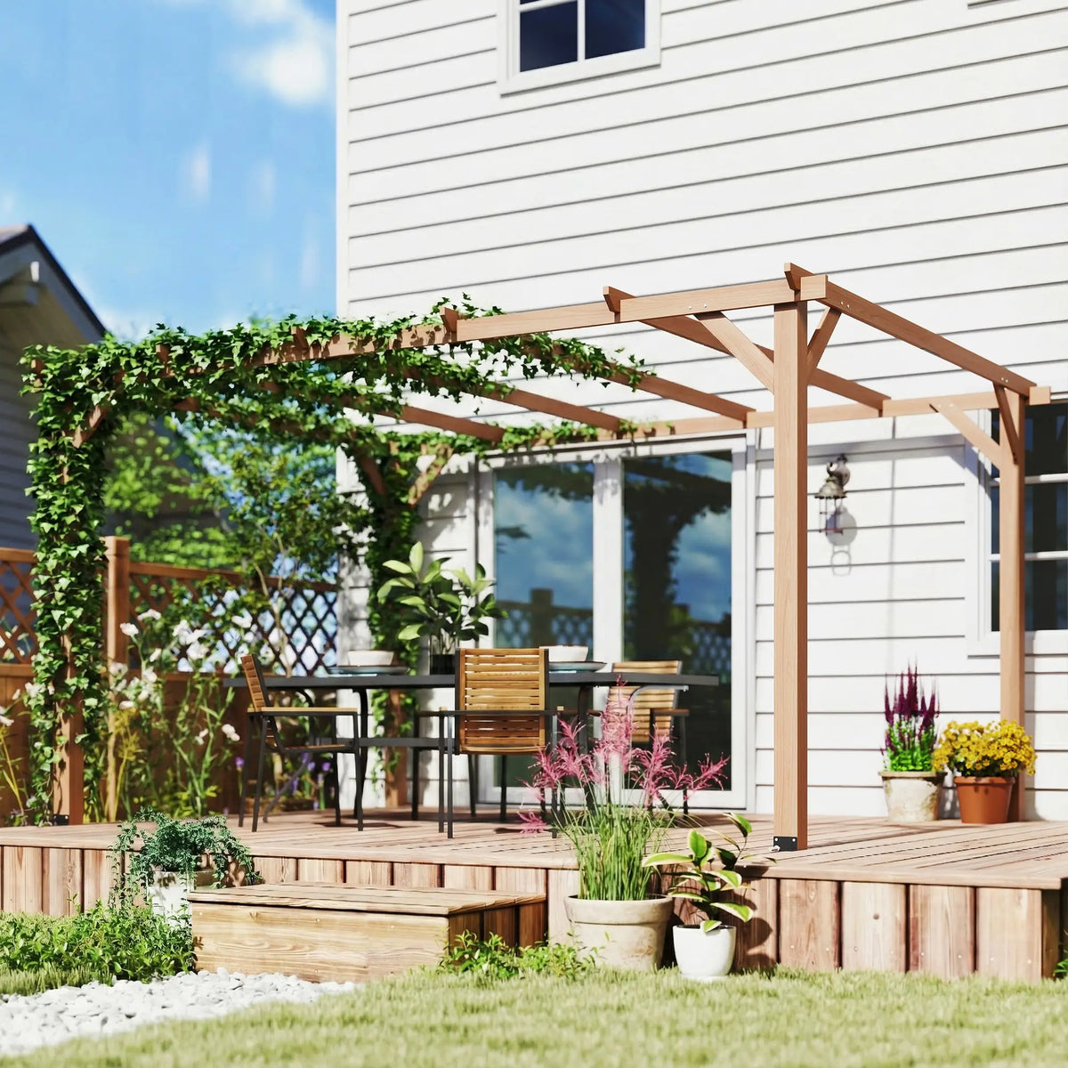 4x3m Wooden Pergola Kit with Triangle Supports – Garden Gazebo Grape Trellis Frame, 6 – Beam Maple Wood – Effect Design