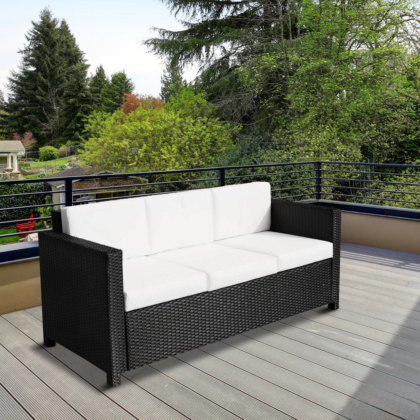 Amalfi 3 Seater Rattan Sofa All-Weather Wicker Weave Metal Frame Chair with Fire Resistant Cushion, Black