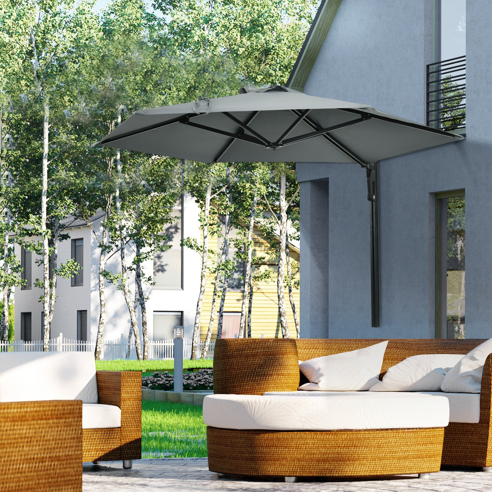 Mediterraneo 2.5m Wall Mounted Parasol, Hand to Push Garden Umbrella with 180 Degree Rotatable Canopy for Porch