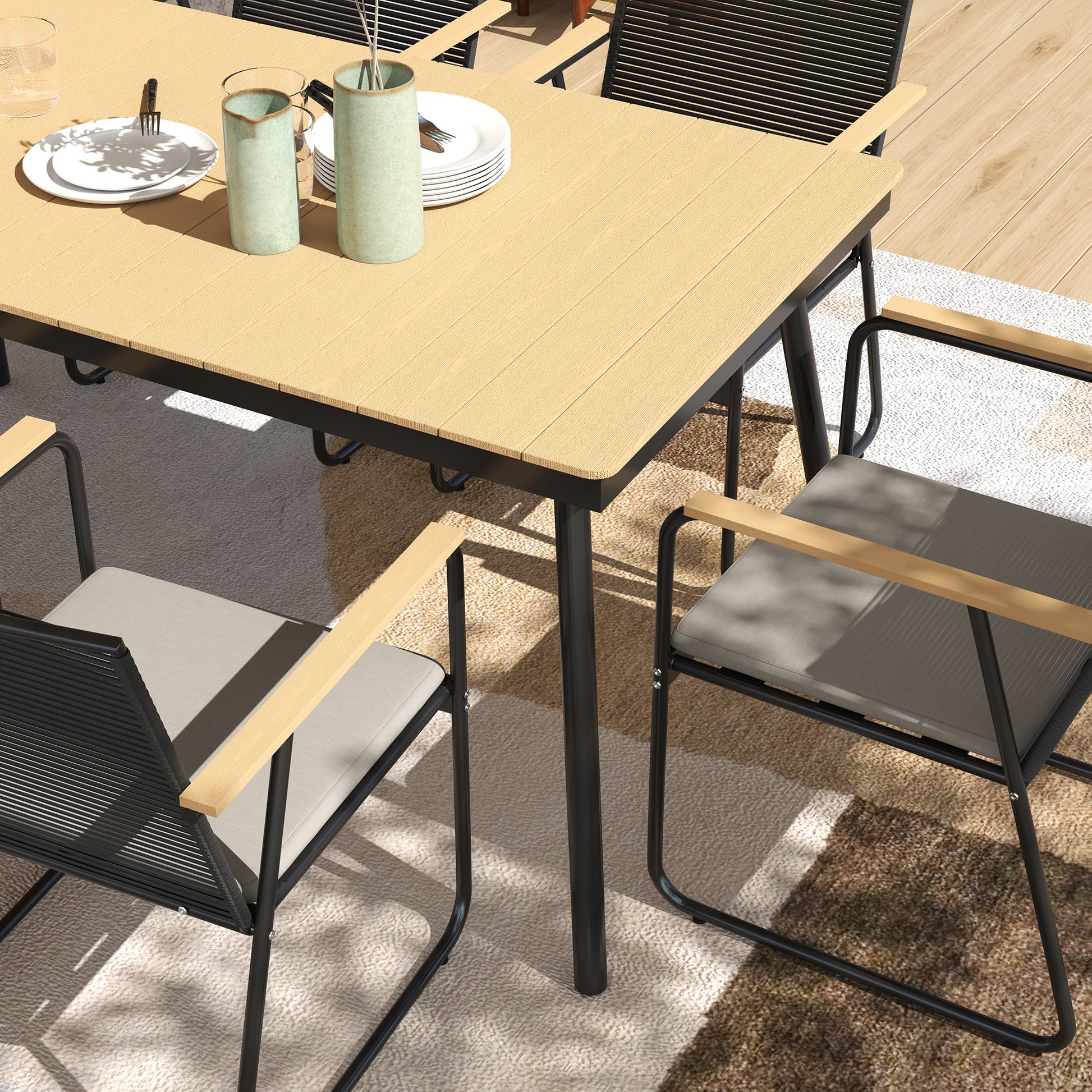 Outsunny 6‑Seater Garden Dining Set with Cushions, Rattan Backrest, Plastic Top, Garden Furniture Set, Natural Wood Finish
