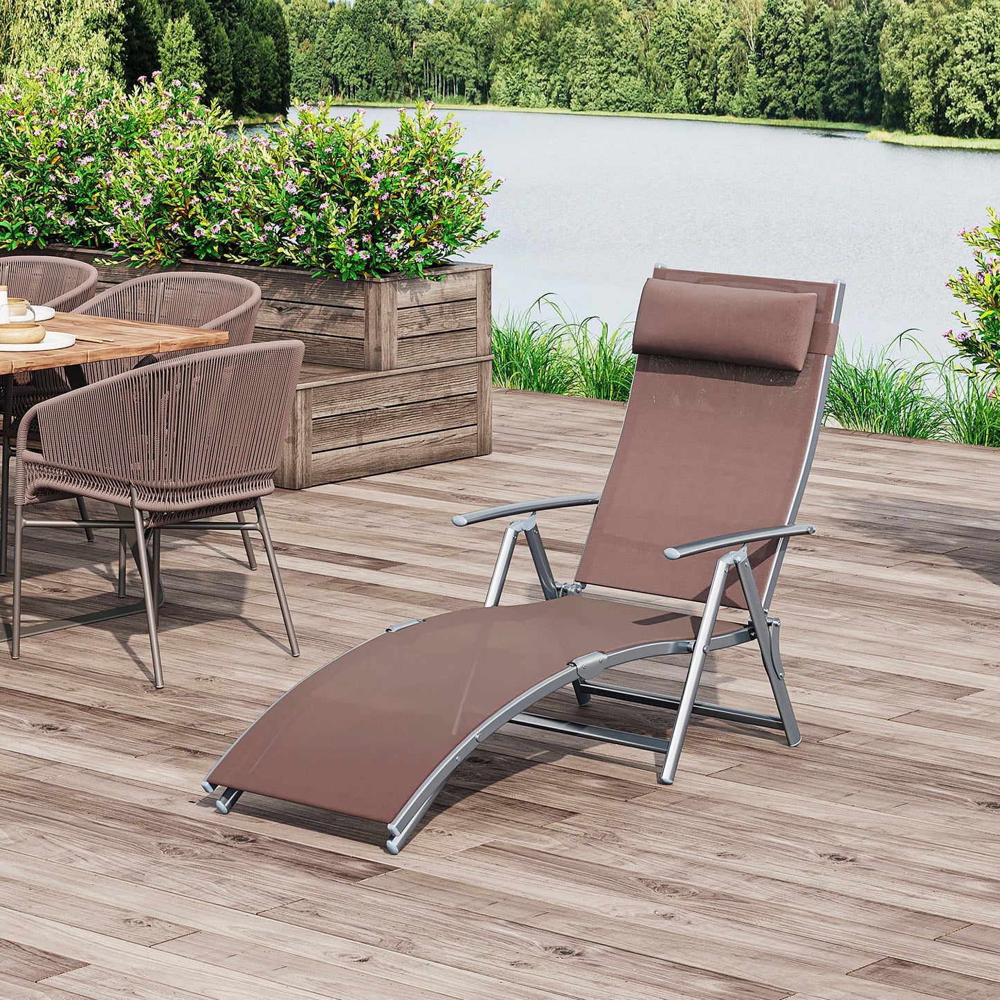 Sun Lounger Steel Frame Outdoor Folding Chaise Texteline Lounge Chair Recliner with Headrest & 7 Levels Adjustable Backrest, Brown
