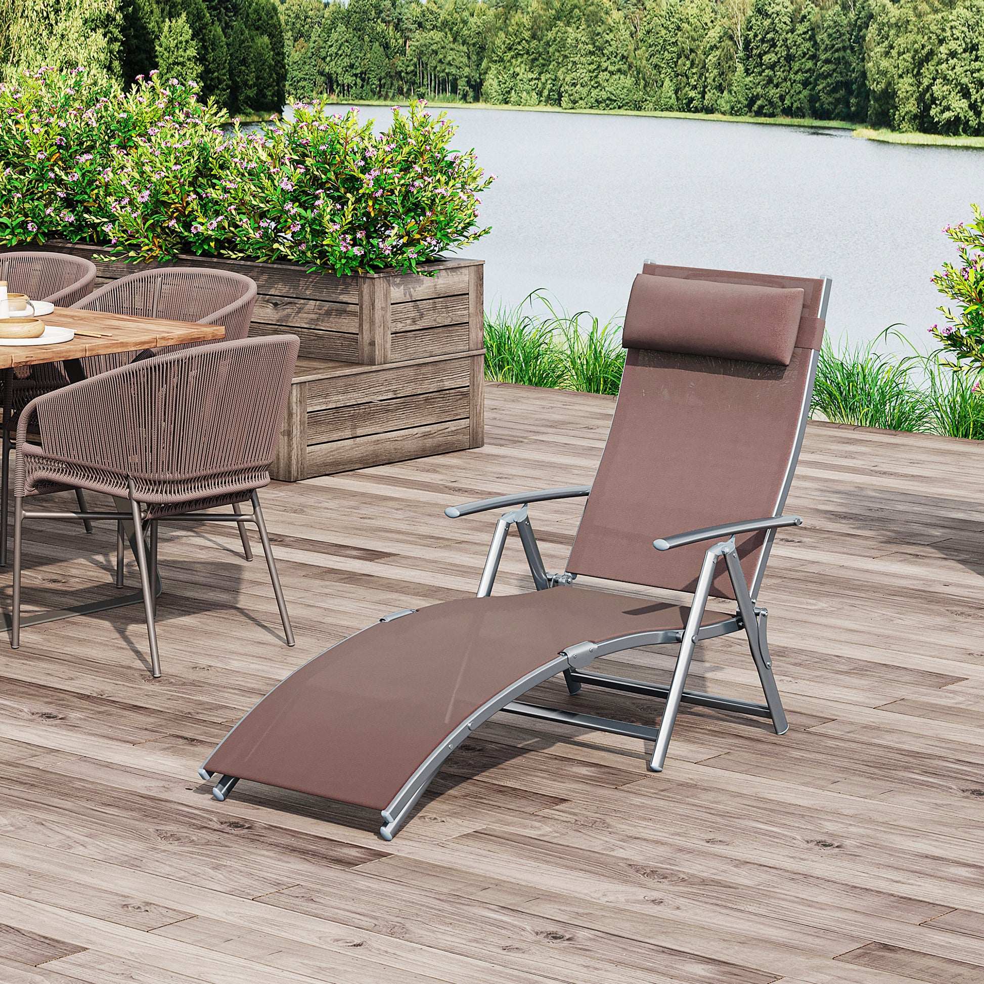 Sun Lounger Steel Frame Outdoor Folding Chaise Texteline Lounge Chair Recliner with Headrest & 7 Levels Adjustable Backrest, Brown