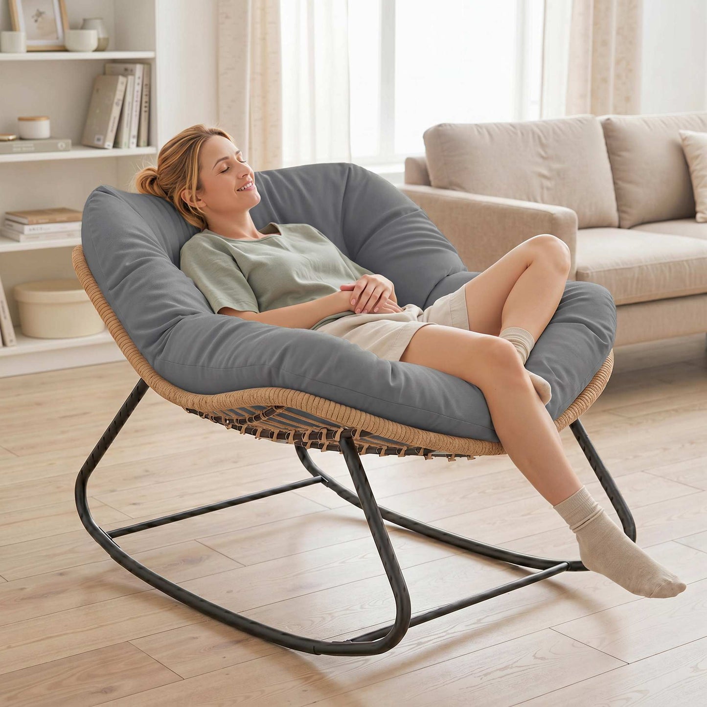 Outsunny Indoor Outdoor Rocking Chair, Oversized Rocking Egg Chair with Cushion for Living Room, Garden, Patio, Grey