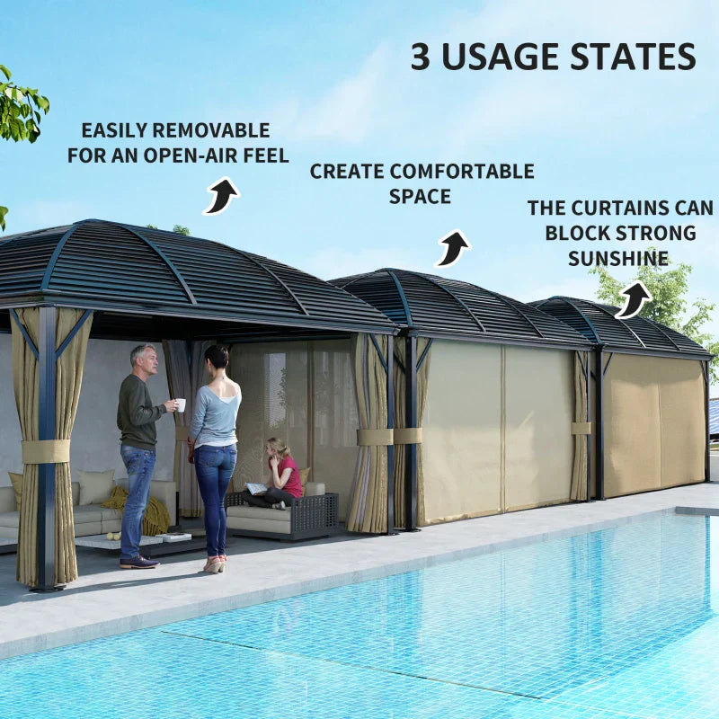 3m x 4m Brown Hardtop Garden Gazebo with Aluminium Frame, Steel Roof, Privacy Curtains & Mosquito Netting – Premium Outdoor Pavilion Shelter