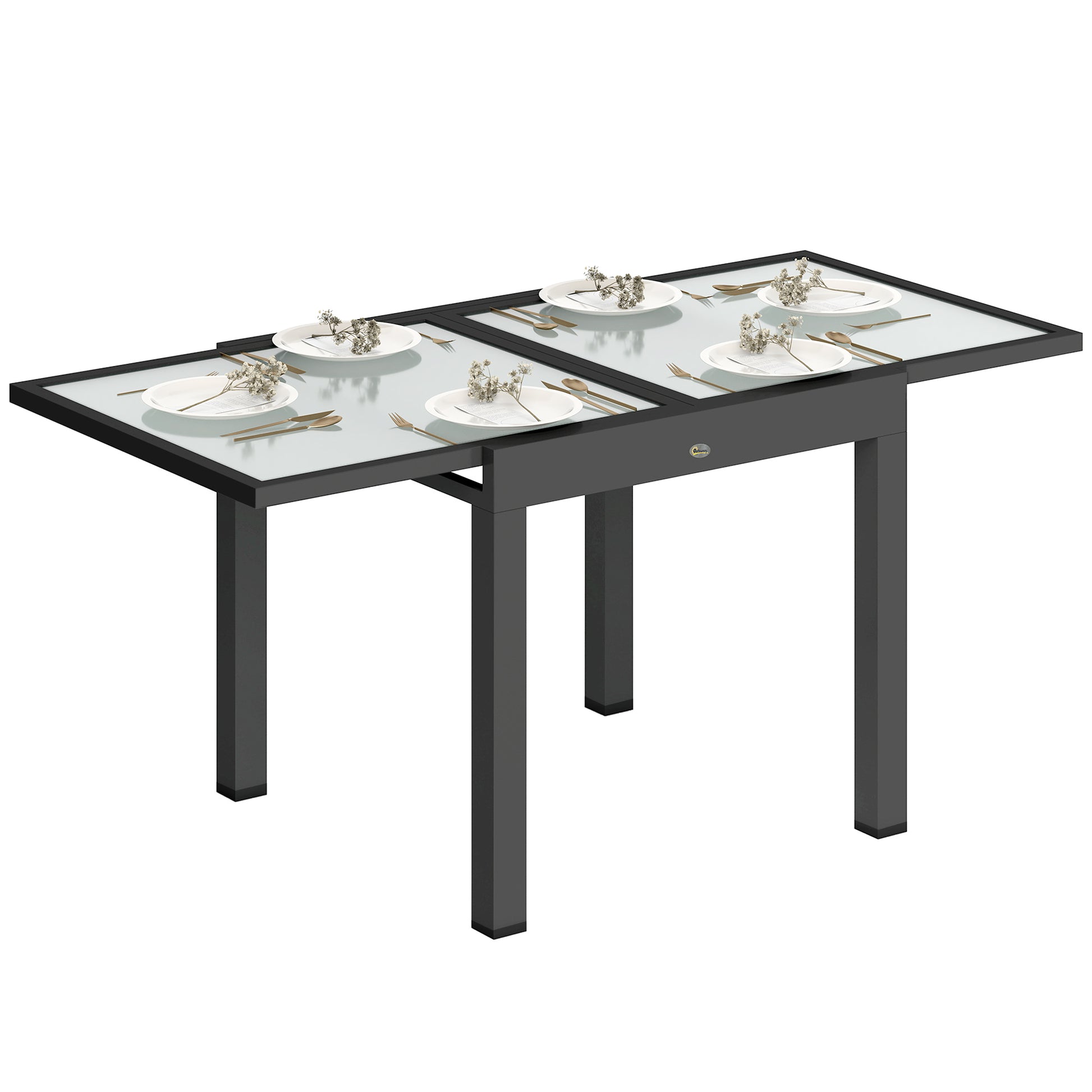 Outsunny Extending Garden Table, Outdoor Dining Table with Aluminium Frame and Tempered Glass Tabletop, 80/160 x 80 x 75 cm, Black and Clear