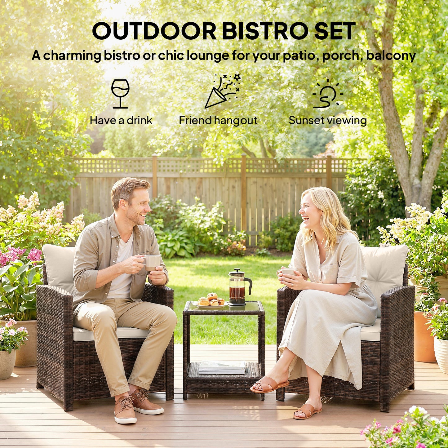 Outsunny Rattan Bistro Set, 3 Piece Garden Furniture Set with 2 Tier Glass Top Table, Mixed Brown