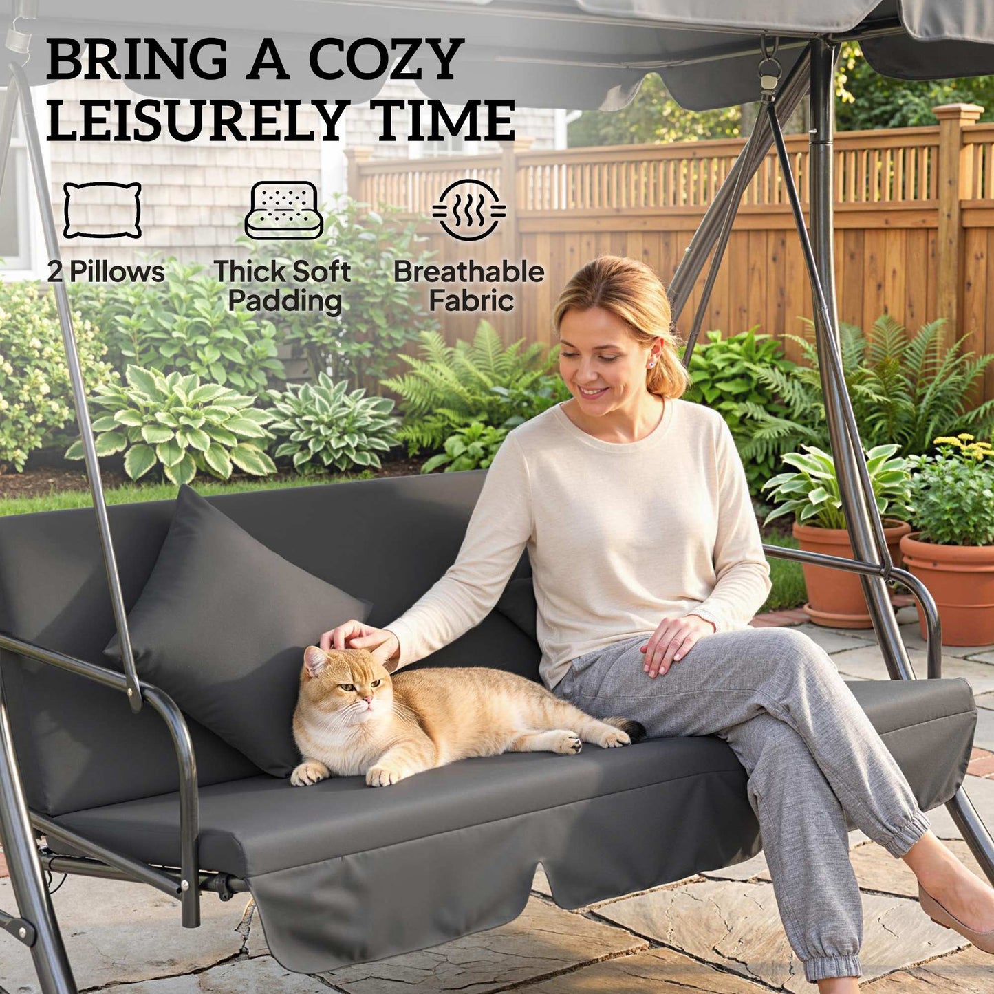 Outsunny Outdoor 2-in-1 Swing Chair Lounger 3 Seater Garden Swing Seat Bed Convertible Tilt Canopy W/ Cushion, Dark Grey
