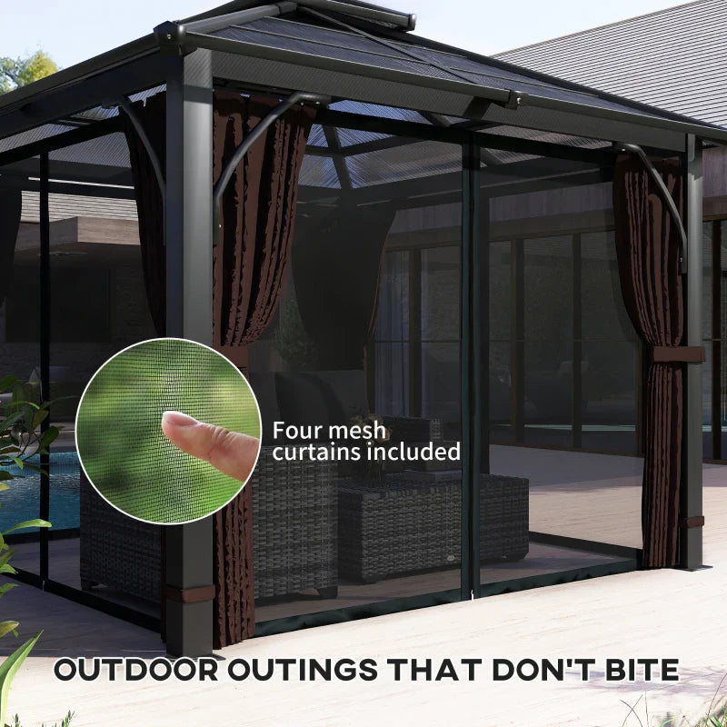 3x3m Brown Permanent Hardtop Gazebo Pavilion – 7mm Polycarbonate Double Roof Garden Shelter with Curtains & Insect Netting